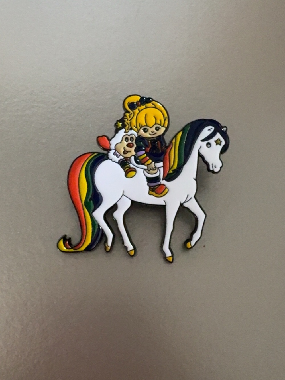 Vintage Rainbow Girl on White Horse Enamel Pin - Rainbow Mane